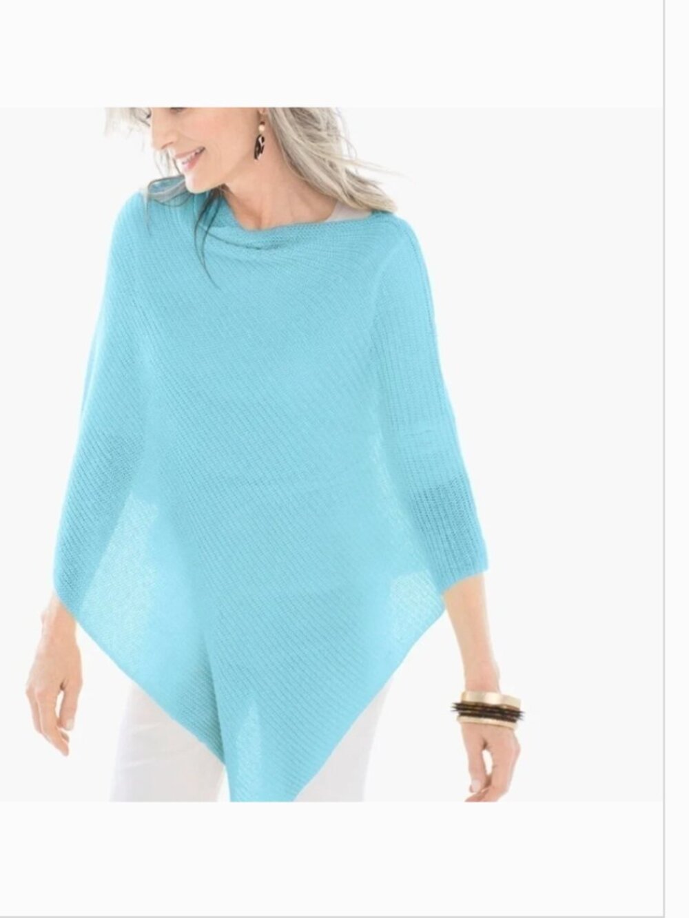 Chicos Linen Knit Poncho OS Blue Swim Cover Coastal Lagenlook Asymmetric Resort